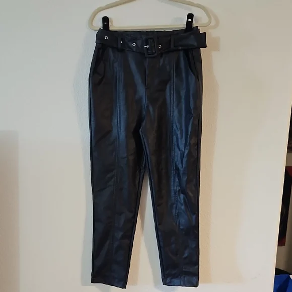 Fashion Nova Black Belted Faux Leather Pants - Picture 1 of 6
